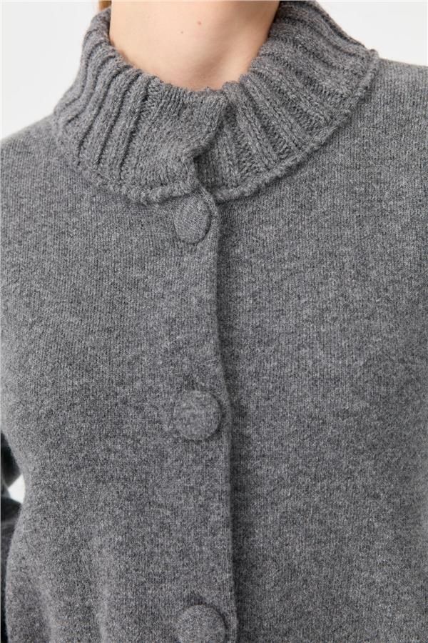 Kadın Dik Yaka Truvakar Kol Kısa Yün Ceket Füme