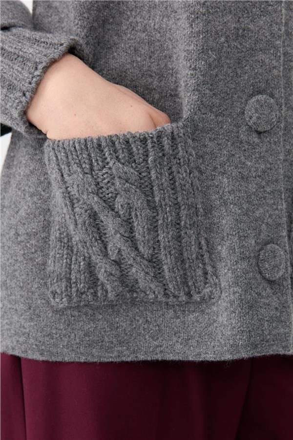 Kadın Dik Yaka Truvakar Kol Kısa Yün Ceket Füme