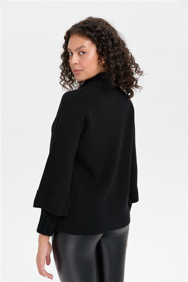Kadın Dik Yaka Truvakar Kol Kısa Yün Ceket Siyah