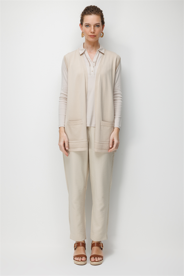 Kadın Etek Ucu Baklavalı Triko Yelek Bej