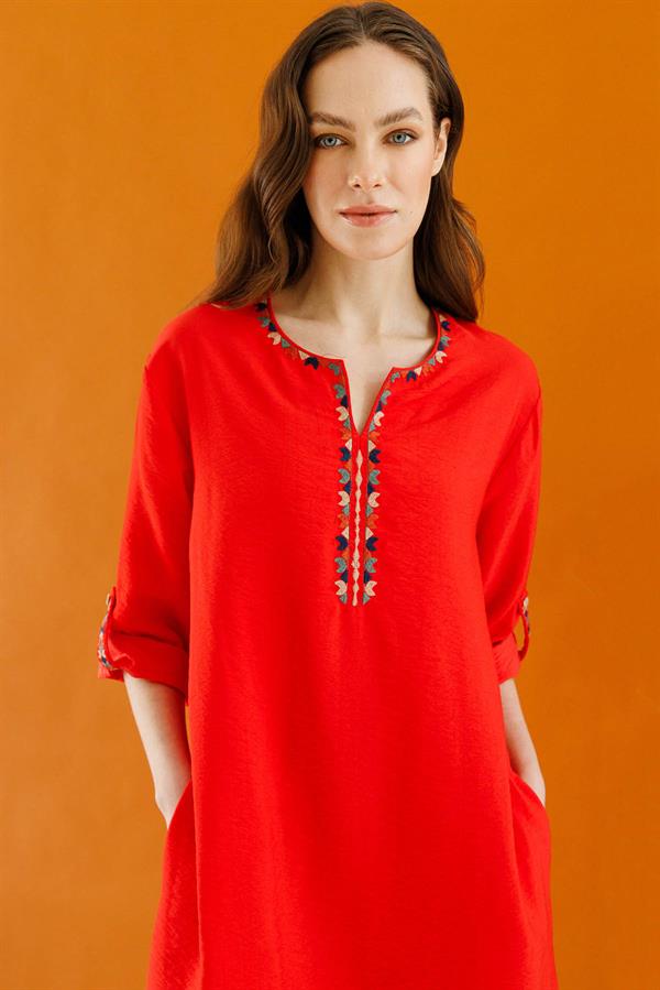 Kadın Etnik Desen Nakışlı Keten Elbise Kırmızı