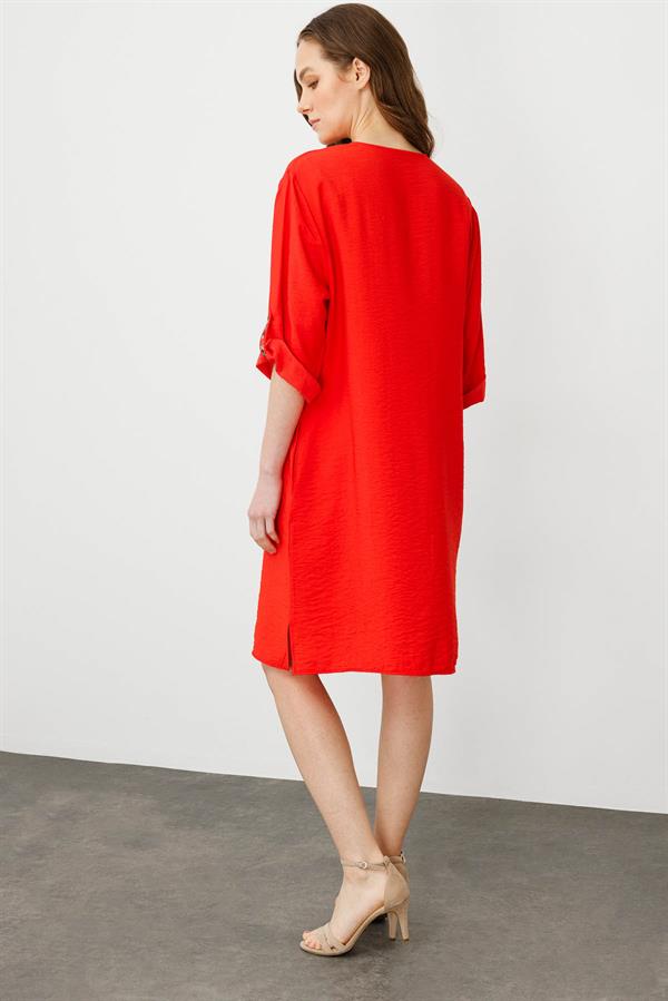 Kadın Etnik Desen Nakışlı Keten Elbise Kırmızı