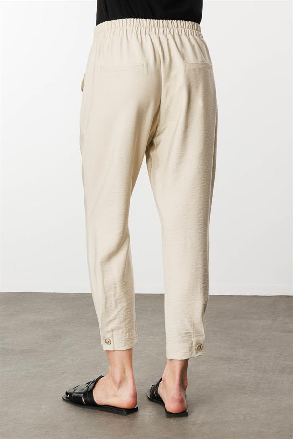 Kadın Geniş Kemerli Paçası Düğmeli Keten Pantolon Taş