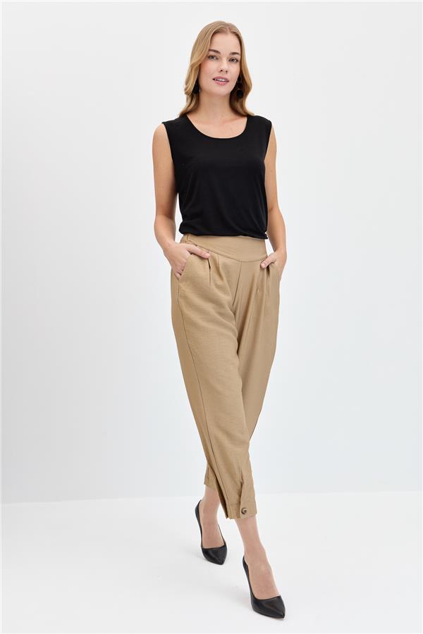 Kadın Geniş Kemerli Paçası Düğmeli Keten Pantolon Camel