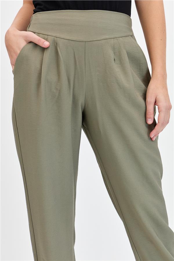Kadın Geniş Kemerli Paçası Düğmeli Keten Pantolon Haki