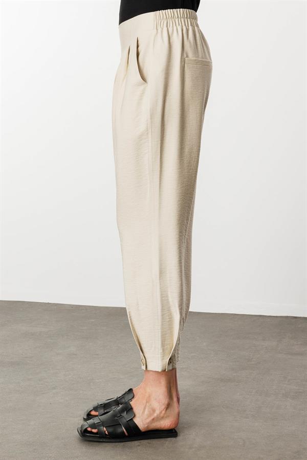 Kadın Geniş Kemerli Paçası Düğmeli Keten Pantolon Taş