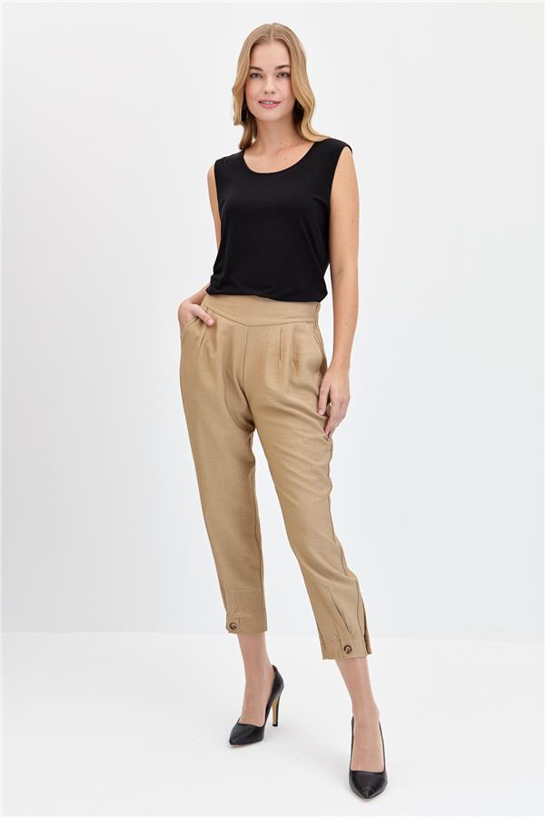 Kadın Geniş Kemerli Paçası Düğmeli Keten Pantolon Camel