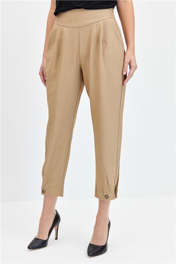 Kadın Geniş Kemerli Paçası Düğmeli Keten Pantolon Camel