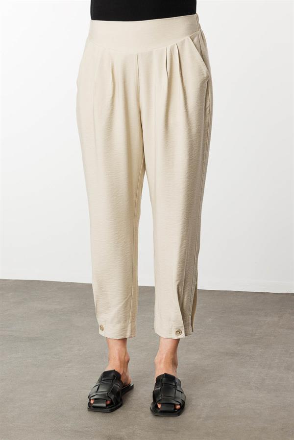 Kadın Geniş Kemerli Paçası Düğmeli Keten Pantolon Taş