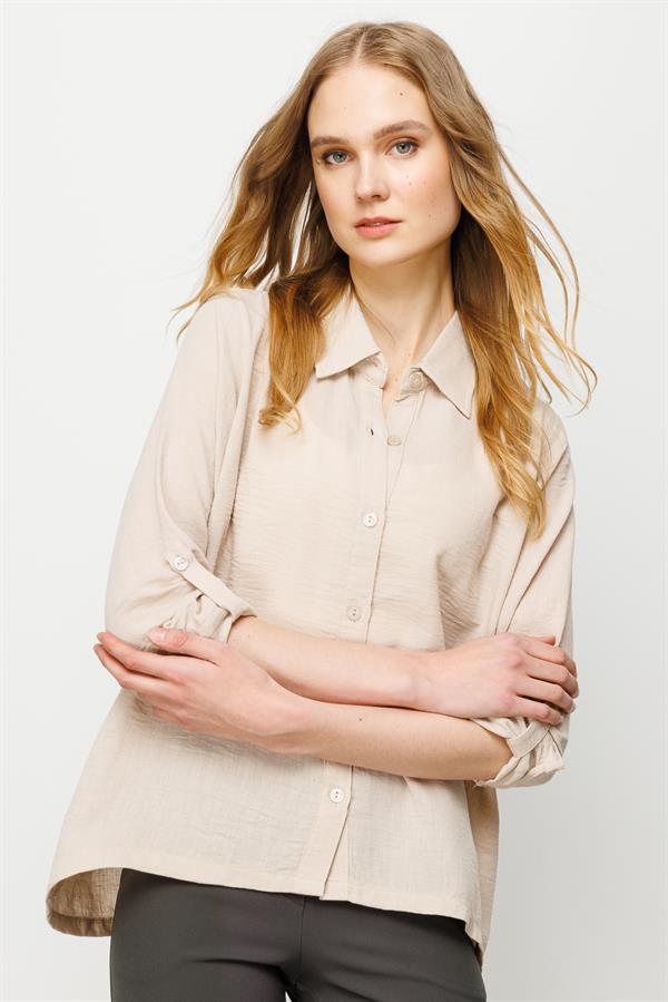 Женская льняная рубашка широкого кроя прямая бежевая