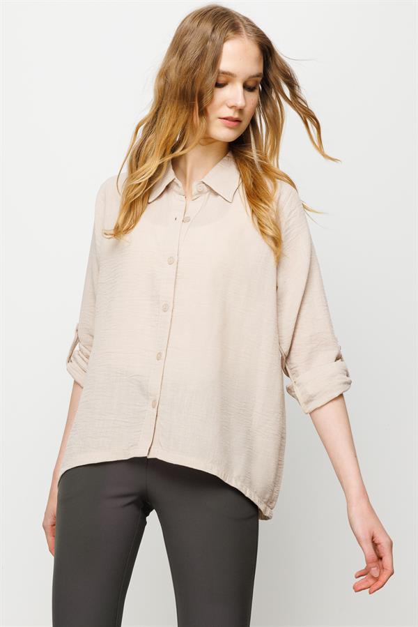 Женская льняная рубашка широкого кроя прямая бежевая