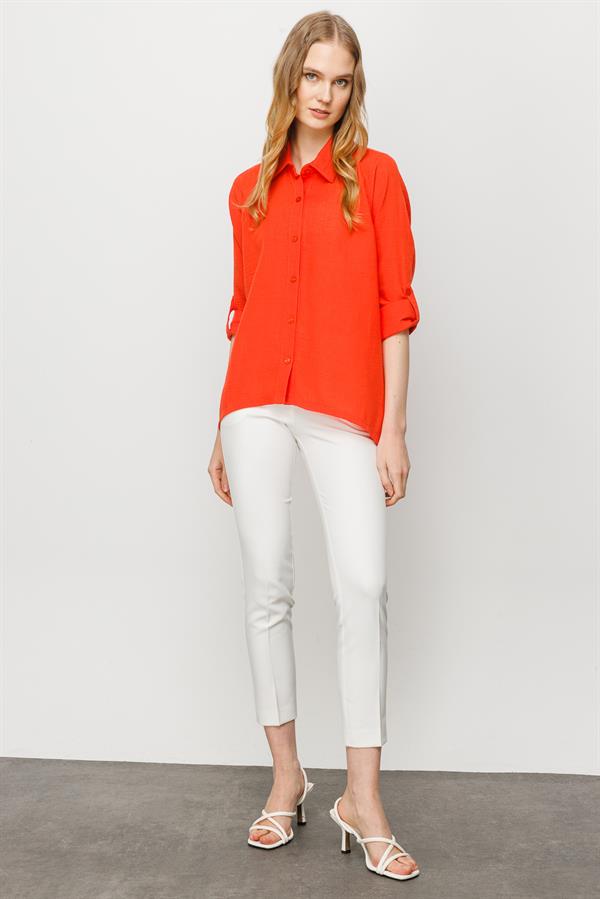 Женская льняная рубашка широкого кроя прямая оранжевая