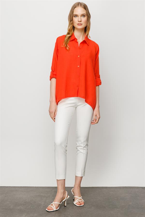 Женская льняная рубашка широкого кроя прямая оранжевая
