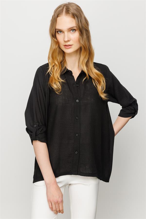 Женская льняная рубашка широкого кроя прямая черная
