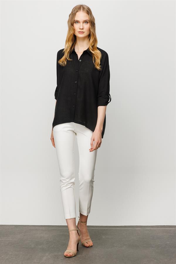 Женская льняная рубашка широкого кроя прямая черная