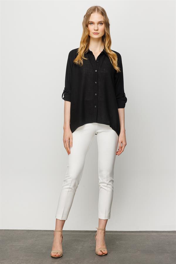 Женская льняная рубашка широкого кроя прямая черная