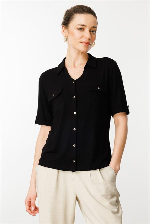 Kadın Göğsü Cepli Penye Gömlek Siyah