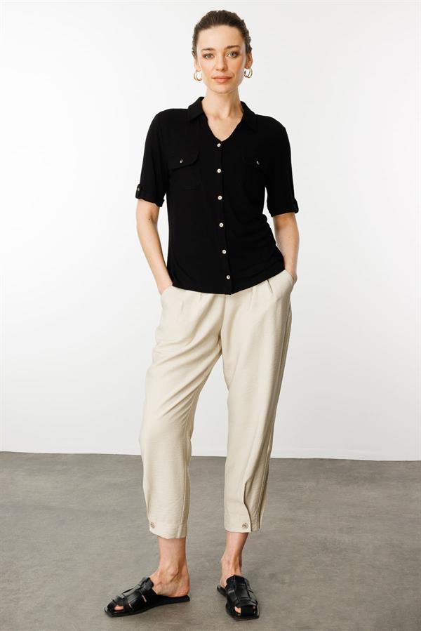 Kadın Göğsü Cepli Penye Gömlek Siyah