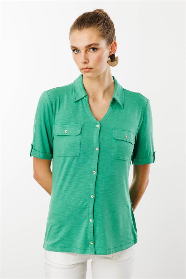 Kadın Göğsü Cepli Penye Gömlek Yeşil