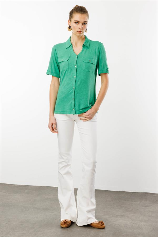 Kadın Göğsü Cepli Penye Gömlek Yeşil