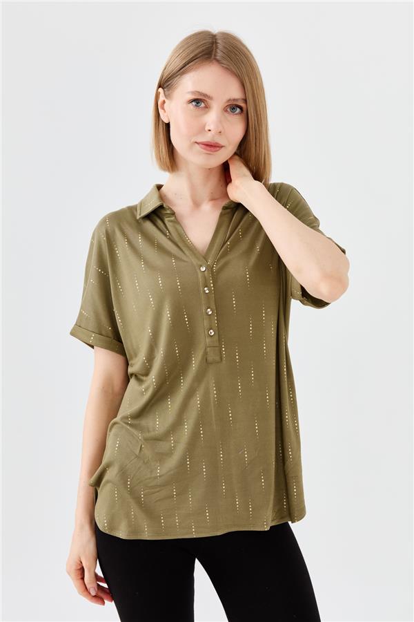 Kadın Gömlek Yaka Desenli Penye T-shirt Haki