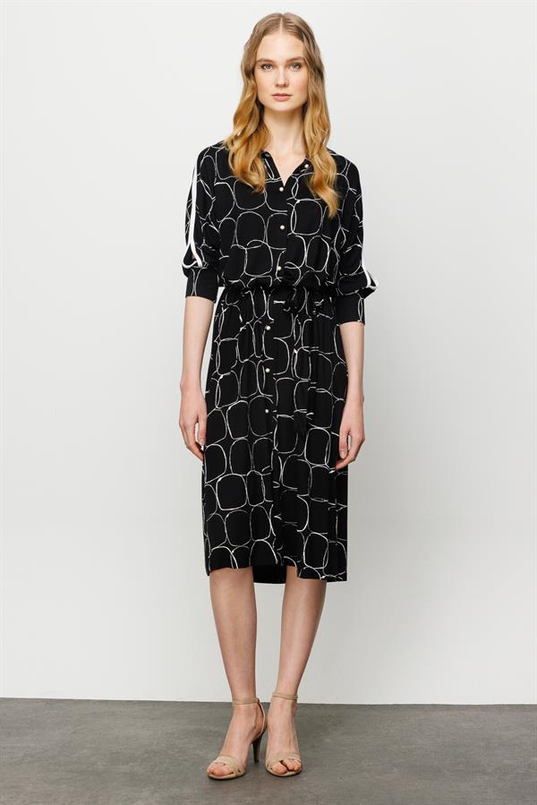 Womens Shirt Collar Pearl Button Dress Black/Ecru
