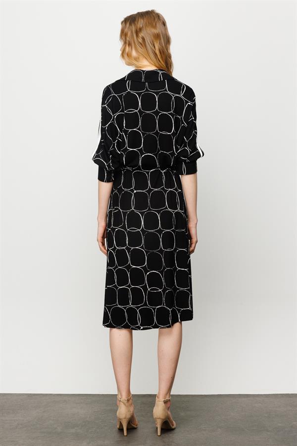 Womens Shirt Collar Pearl Button Dress Black/Ecru