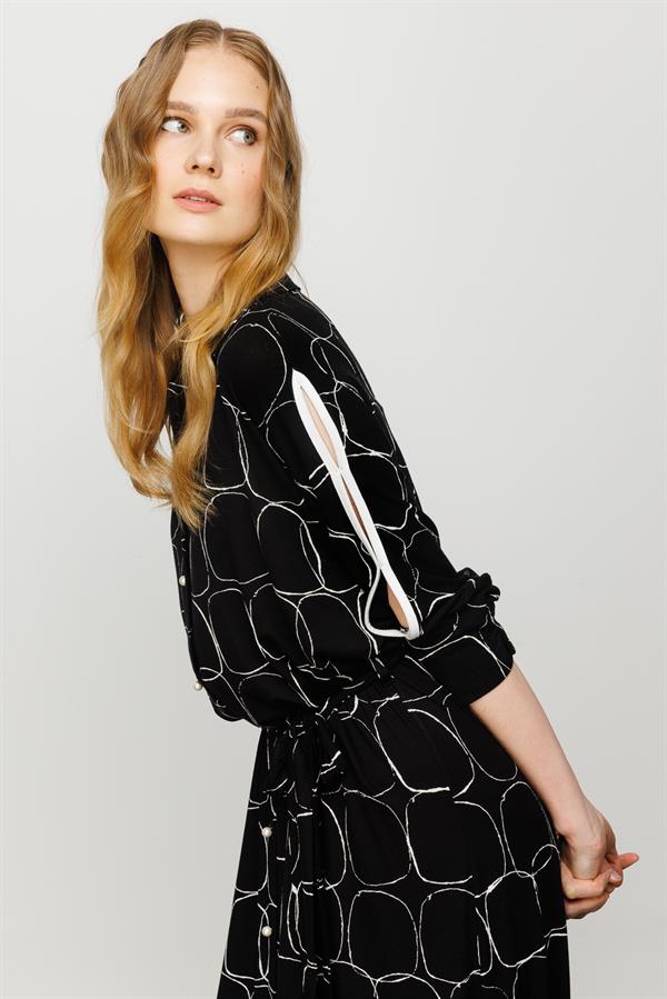 Womens Shirt Collar Pearl Button Dress Black/Ecru