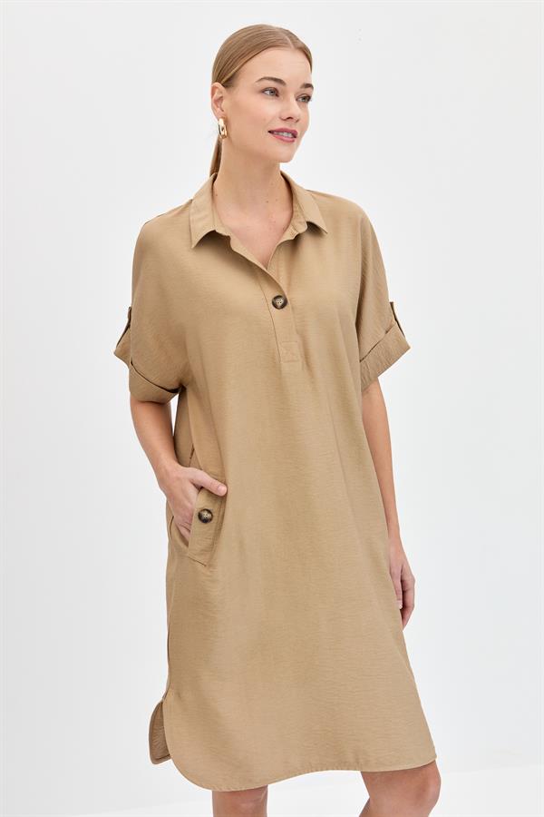Женское платье с воротником-рубашкой и карманом на пуговицах, норка