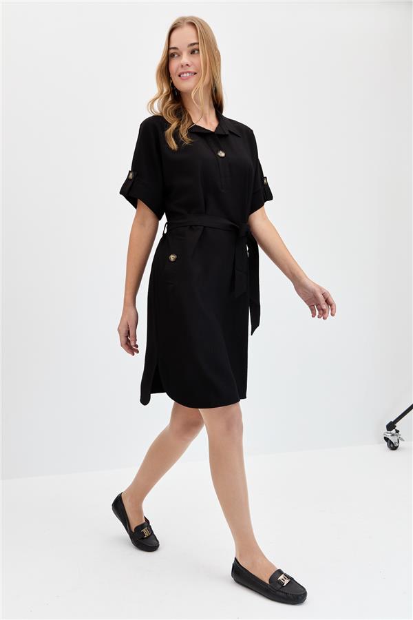 Женское платье с рубашечным воротником и карманом на пуговицах, черное