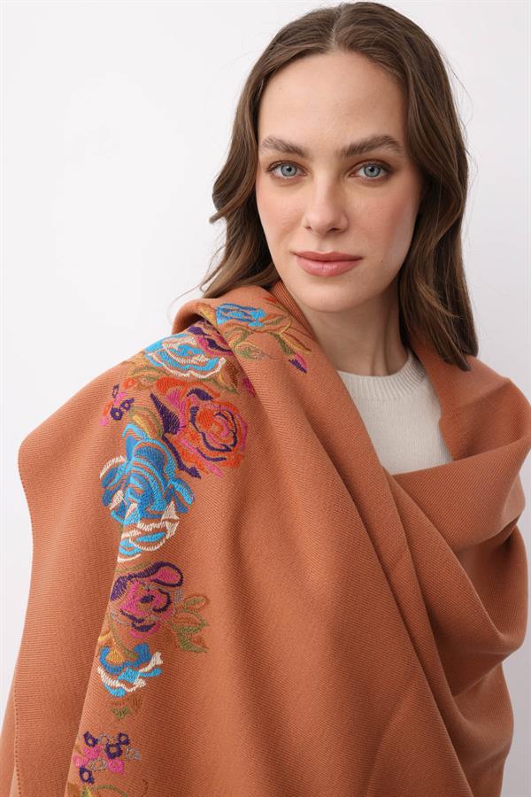 Kadın Gül Desenli Büyük Triko Şal A.tarçın