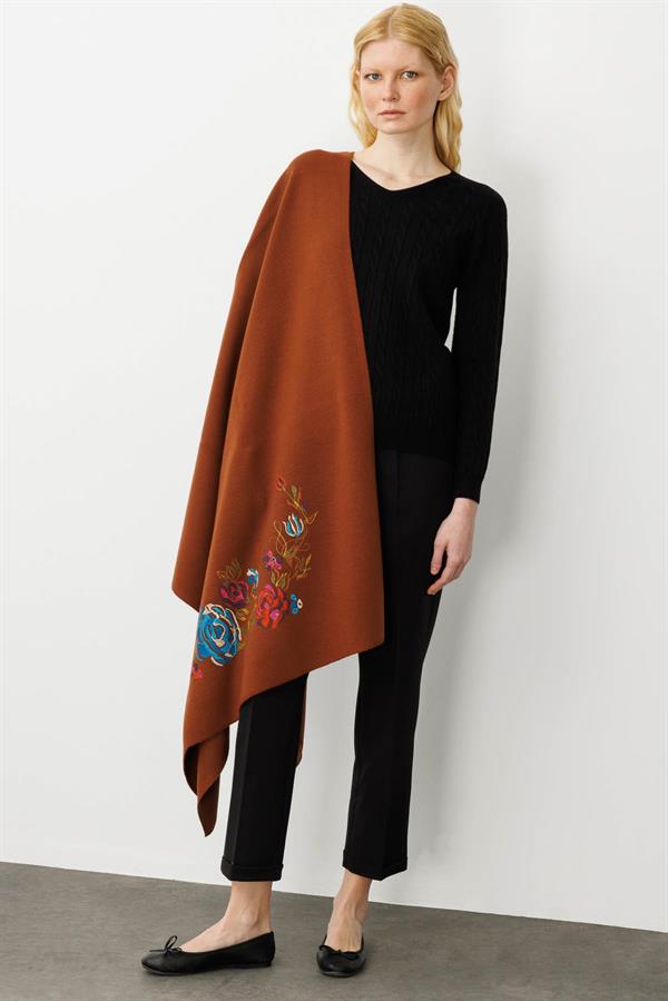 Kadın Gül Desenli Büyük Triko Şal Kiremit