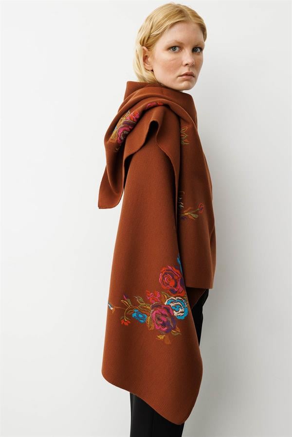 Kadın Gül Desenli Büyük Triko Şal Kiremit