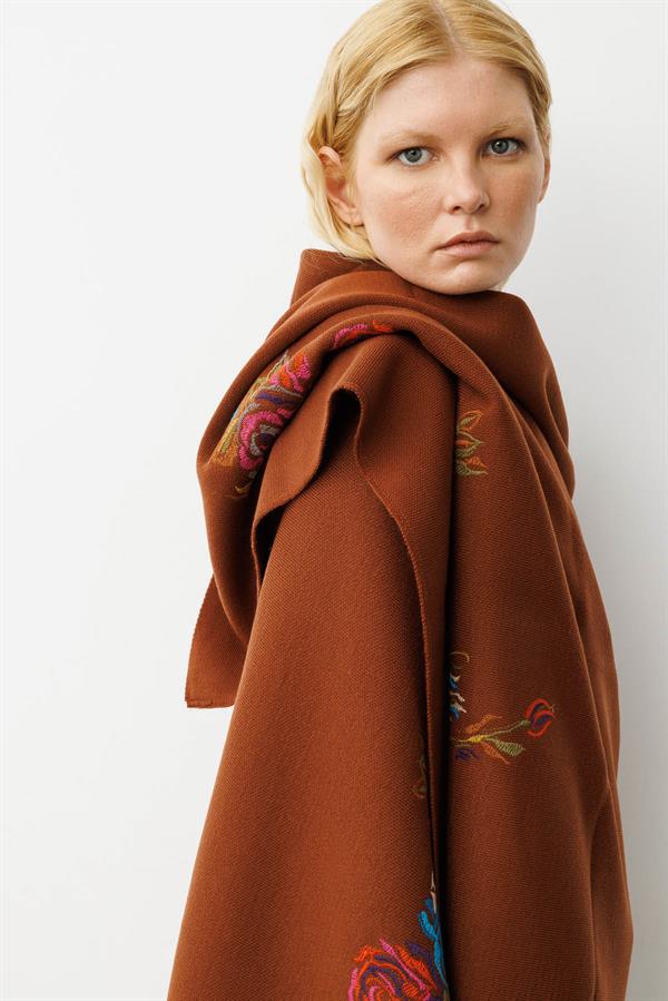 Kadın Gül Desenli Büyük Triko Şal Kiremit