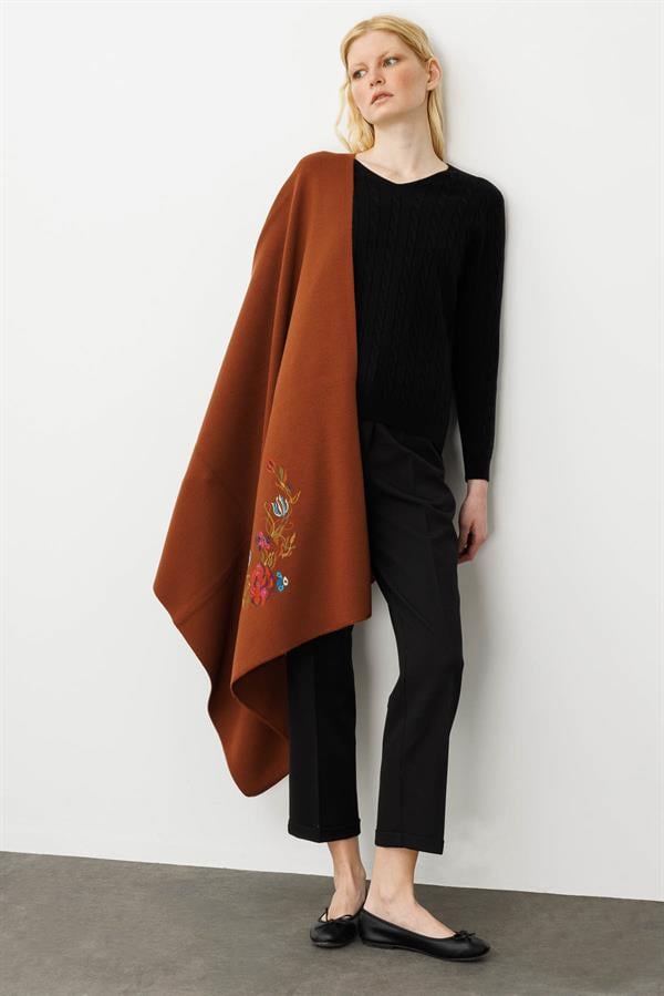 Kadın Gül Desenli Büyük Triko Şal Kiremit