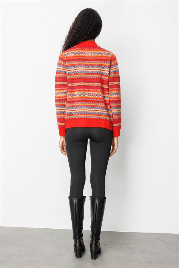 Kadın Hakim Yaka Jakarlı Yün Hırka Mercan