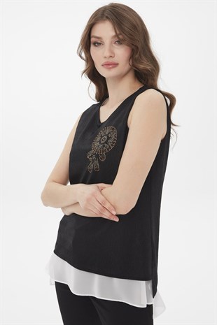 Kadın İçi Şifonlu Penye T-Shirt Siyah