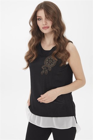 Kadın İçi Şifonlu Penye T-Shirt Siyah