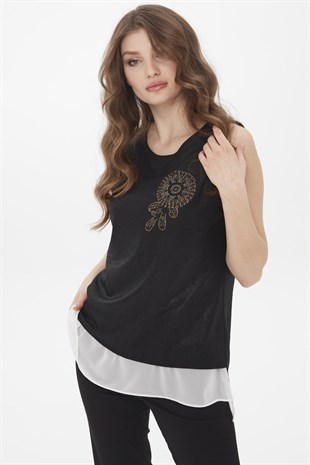 Kadın İçi Şifonlu Penye T-Shirt Siyah