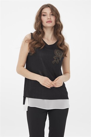 Kadın İçi Şifonlu Penye T-Shirt Siyah