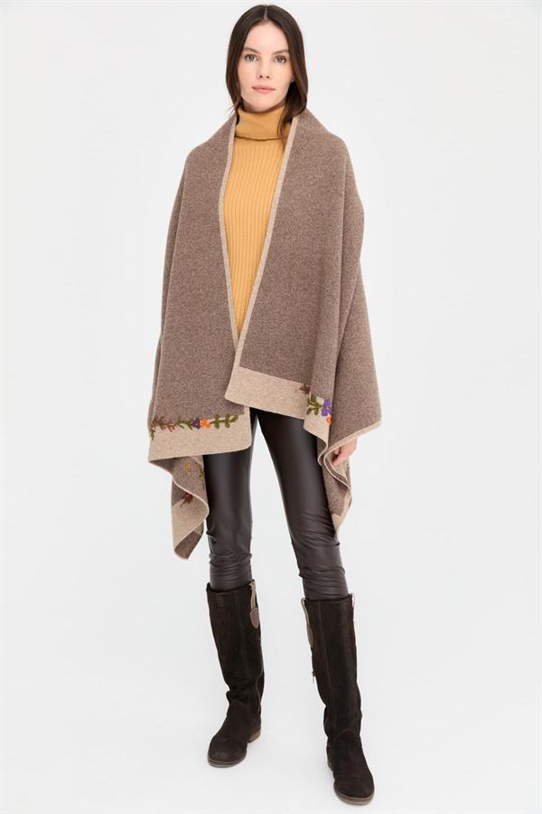 Kadın İki Kenarı Çiçek İşlemeli Yün Şal K.Bej