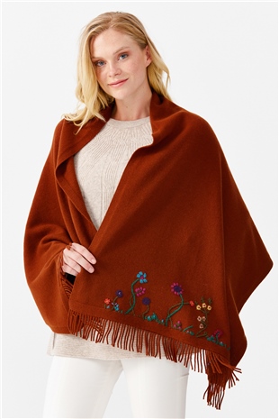 Шаль женская с вышивкой и кисточками, светло коричневая