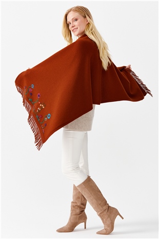 Шаль женская с вышивкой и кисточками, светло коричневая