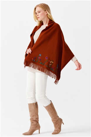 Шаль женская с вышивкой и кисточками, светло коричневая