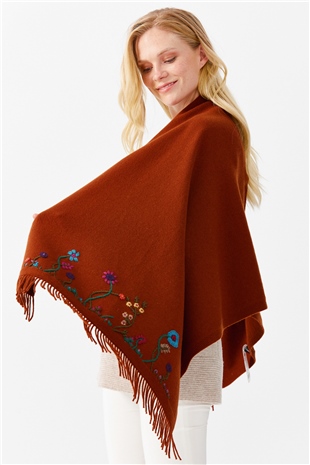 Шаль женская с вышивкой и кисточками, светло коричневая