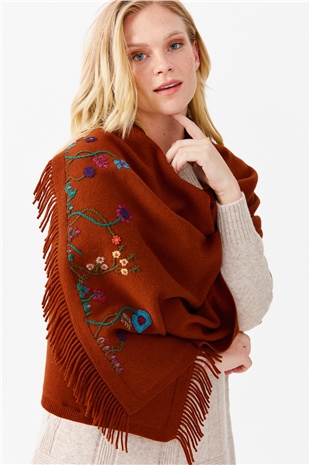 Шаль женская с вышивкой и кисточками, светло коричневая