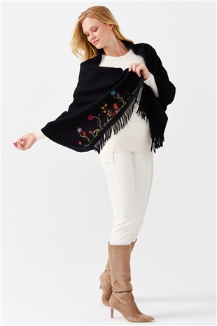 Шаль женская с вышивкой и кисточками, темно синяя 