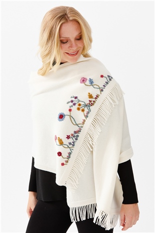 Шаль женская с вышивкой и кисточками, цвета слоновой кости 