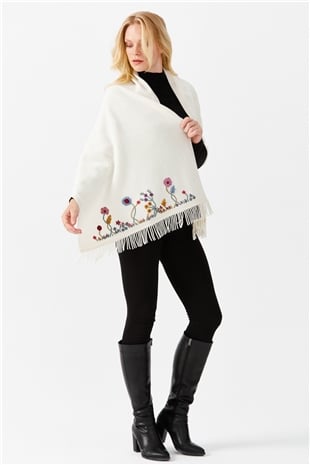 Шаль женская с вышивкой и кисточками, цвета слоновой кости 
