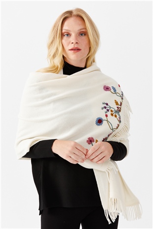 Шаль женская с вышивкой и кисточками, цвета слоновой кости 